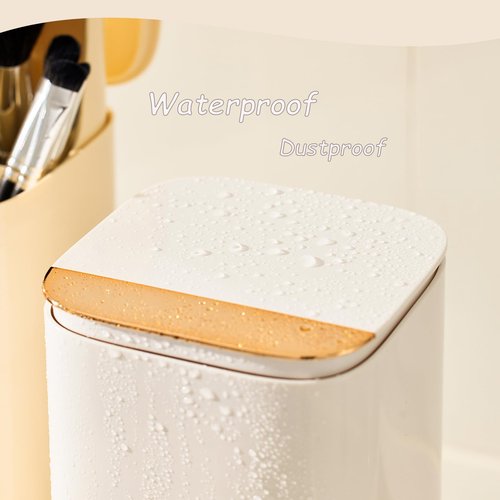 Makeup Brush Holder with Lid, Automatic Lifting Waterproof Dustproof Makeup Brushes Organizer for Vanity Desktop Bathroom Countertop(White)