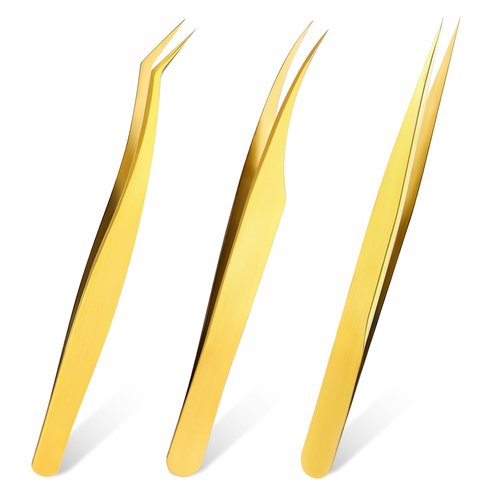 3 PCS Lash Tweezers for Eyelash Extensions, High Precision Gold Metal Tweezers Set Fiber Tip and Curved Isolation Tweezers Eyelash Extension Tools for Women Volume Lash, Crafting, Jewelry Making