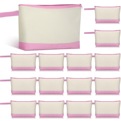 Silkfly 15 Pcs Cotton Canvas Makeup Bags Canvas Cosmetic Zipper 10.2 x 5.5 x 2 Inches Blank DIY Pouch Bag Bulk with Bottom Pencil Case Travel Toiletry Pouch for Women (Beige and Pink)