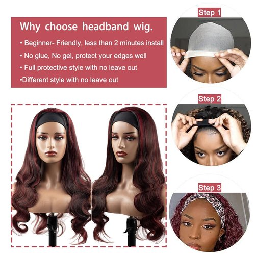 YiweYowe 22 Inch P1B99J Highlight Headband Wig Human Hair 150% Density Grade 8A Unprocessed Brazilian Virgin Hairs Machine Made Burgundy Body Wave Headband Wig Human Hair For Woman