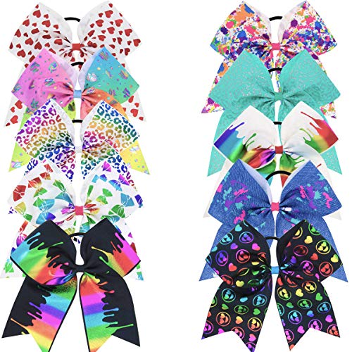 DeD 10 Pcs Elastic Bow 7" Large Hair bows Boutique Rainbow Golden-plating Grosgrain Ribbon Pigtail Holder For School Girls Teens Cheerleader
