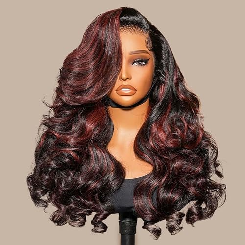 Ali Pearl Body Wave Lace Front Wigs Layered Cut Curtain Bangs Side Part 13x4 Body Wave Human Hair Highlights 1B/99J Burgundy Pre Plucked Glueless Wigs with Baby Hair 18 Inch