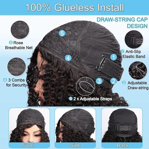 Kinky Curly Half Wigs 100% Human Hair 180 Density 3 In 1 Seamless Flip Over Half Wigs Kinky Burmese Curly Deep Water Wave Glueless Wear and Go Wig Drawstring Headband Ponytail Wig for Women 20 Inch