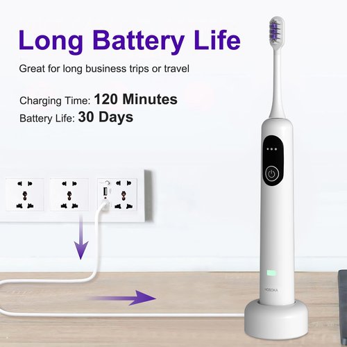 HOSOKA Electric Toothbrush for Adults, 60° Oscillating & Vibration Sonic Electric Toothbrush, Wave Toothbrush with Configurable App, 3 Brush Heads, Magnetic Rechargeable Travel Toothbrush, IPX7