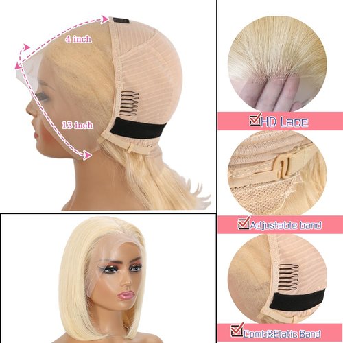 PXCPXC 613 Lace Front Wigs Human Hair Blonde Bob Wig Human Hair 13X4 HD Lace Closure Short Bob Wigs 180% Density 10 Inch Straight Lace Front Wig Human Hair Blonde Short Bob Wigs for Women