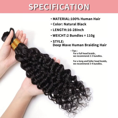 Human Braiding Hair for Boho Braids 12A Deep Water Wave Bulk Human Hair for Braiding No Weft Wet and Wavy Curly Human Hair Extensions (1B-Natural Black-Deep, 110g-22 Inch)