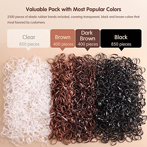 Funtopia Mini Hair Ties, 2500Pcs Soft Hair Rubber Bands and Elastics for Girls Women with Organizer Box (Black, Clear, Brown, Dark Brown)