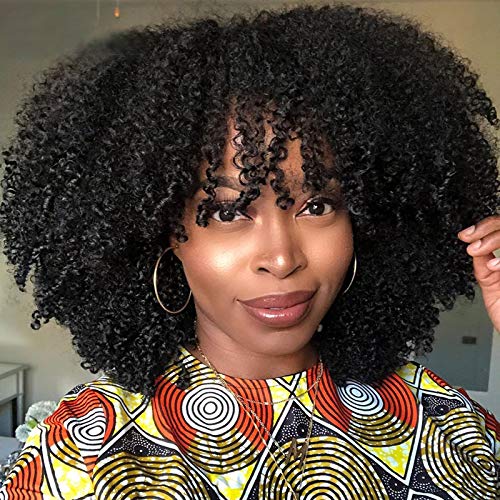 Afro Kinky Curly Wig With Bangs Full Machine Made Scalp Top Wig 200 Density Virgin Brazilian Short Curly Human Hair Wigs Natural Color 18 inch
