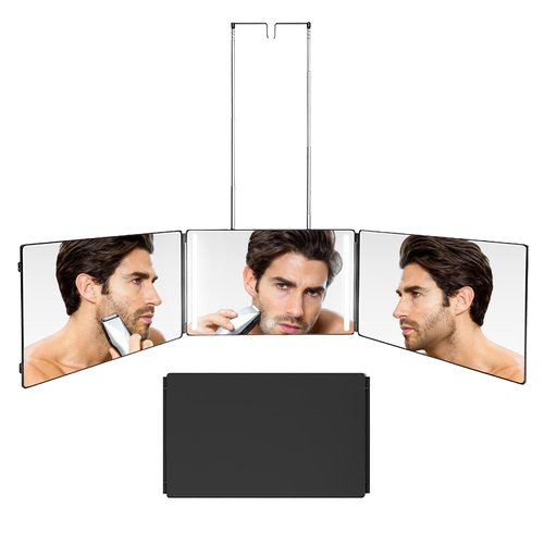Moruedtu 3 Way Mirror with Light,Trifold Barber Mirror for Self Haircut,360° View HD Glass with Dimmable LED, Height Adjustable Hooks for Home &Travel Grooming, Braiding,Shaving & Makeup(Black)