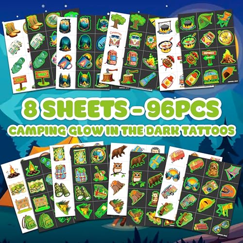 96PCS Camping Camp Camper Campfire Pre-Cut Luminous Glow in the dark Temporary Tattoos for Kids | Super Cute Themed Birthday Party Favors Supplies Decorations, Fake Tattoos Gifts for Boys Girls