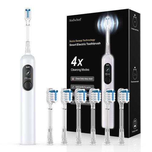 Sonic Electric Toothbrush for Adults with 6 Replacement Brush Heads and 4 Cleaning Modes, Rechargeable Toothbrush, Smart Timer, LCD Display, 4-Hour Fast Charge, IPX7 Waterproof, Travel-Friendly White