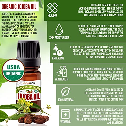 BodyJ4You 100% USDA Organic Jojoba Oil Piercing Aftercare - Stretched Ear Gauges Tragus Nose Septum Lip Navel - Natural Recovery Skin Moisturizer - Pure Unrefined Wax - 0.17 Fl Oz