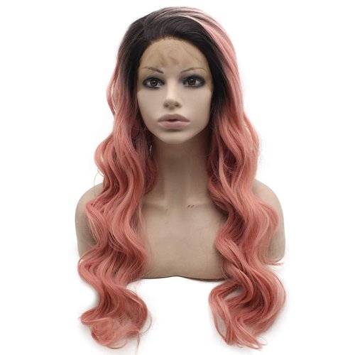 MX angel Long Wavy Half Hand Tied Synthetic Lace Front Dark Root Pink Wig