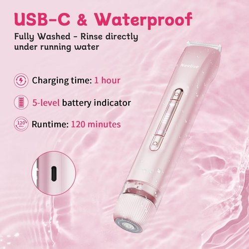 2-in-1 Bikini Trimmer for Women, Dual Head Electric Shaver for Face, Legs & Sensitive Areas, IPX7 Waterproof Wet/Dry Razor, USB-C Rechargeable Lady Grooming Kit