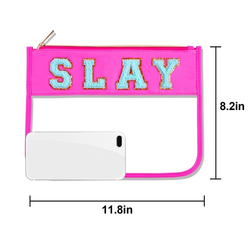 Dealkion Slay Makeup Bag Slay Purse Slay Stuff Toiletry Zipper Pouch Chenille Letter Clear Zipper Pouch Slay Skincare Travel Pouch for Women Girl Gifts