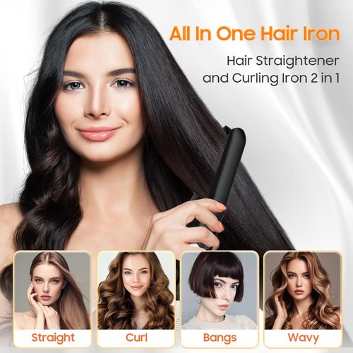 Cordless Hair Straightener, Portable Flat Iron for Travel, 2 in 1 Hair Styling Tools for straightening and Curling, Lightweight on-The-go, 4000 mAh Battery, Fast USB-C Charging (Black)