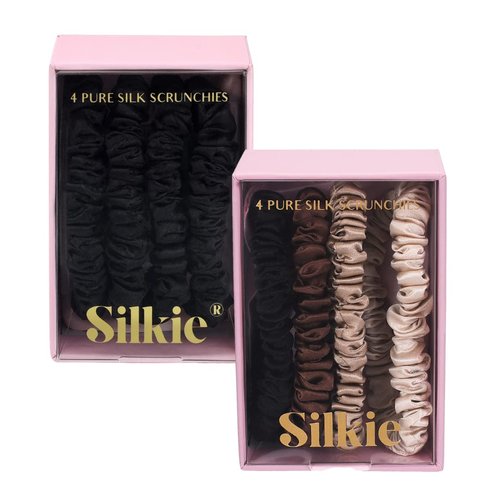 SILKIE Bundle of Skinny Scrunchies 100% Pure Mulberry Silk Black Brown Dark Colors Hair Ties Elastics Care Ponytail Holder No Damage
