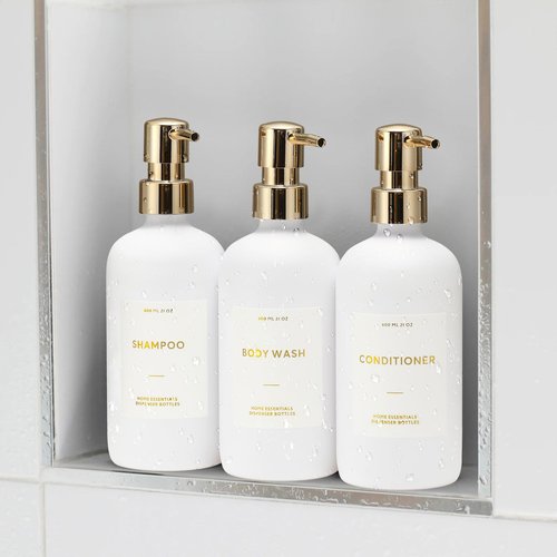 HOMCDALY Shampoo and Conditioner Dispenser, 21oz 3-Pack Refillable Pump Bottles, Shampoo Container, Empty Pump Bottle, Bathroom Shower Dispenser（21oz-White&Gold）