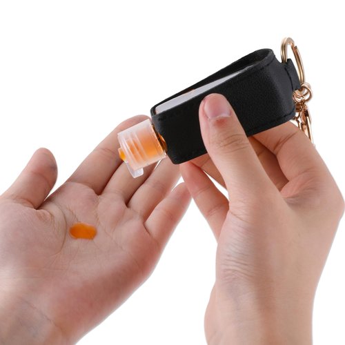 Molain 2 Pcs Hand Sanitizer Keychain 30ml Portable Leather Hand Sanitizer Holder Leakproof Empty Bottles Hand Sanitizer Travel Holder Bottle Refillable for Lotion Liquid Soap Shampoo(Brown,Black)