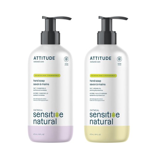 Bundle of ATTITUDE Liquid Hand Soap for Sensitive Skin with Oat, EWG Verified, Dermatologically Tested, Vegan, Chamomile, 16 Fl Oz + Argan Oil, 16 Fl Oz