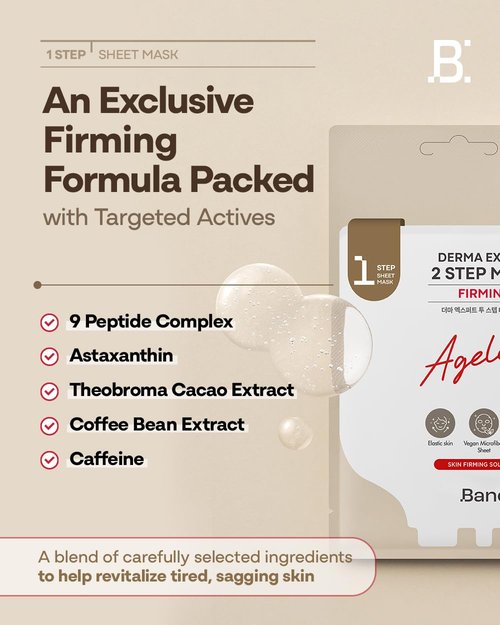 Bano Derma Expert 2 Step Firming Face Mask – 2 in 1 Sheet & Sleeping Mask with Peptides, Caffeine, Niacinamide & Hyaluronic Acid | Supports Skin Elasticity & Glow | Korean Skincare | 7 Sheets