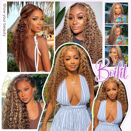 Honey Blonde Deep Wave Lace Front Wigs Human Hair 250% Density 13x6 Curly HD Transparent Ombre Lace Frontal Wigs Human Hair Wet and Wavy Wig Pre Plucked with Natural Hairline 20 Inch