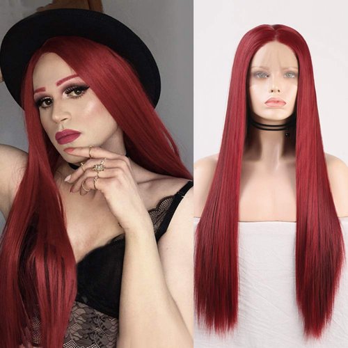RDY Wine Red Wig Long Silky Straight Burgundy Synthetic Lace Front Wig for Women Cosplay Wig with Pastel Heat Friendly Fiber Glueless Wig Half Hand Tied Frontal Lace Wigs with Natural Hairline 20 Inch