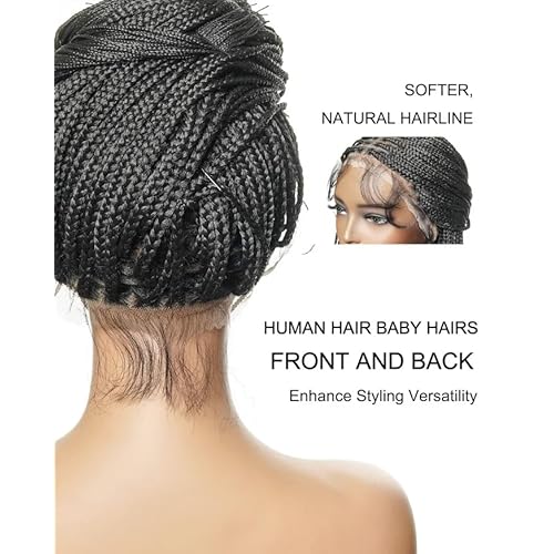 36" Knotless Micro Box Braided Wig for Black Women - 200 Strands Pre Cut Real Swiss HD Full Lace with Human Baby Hair - Black