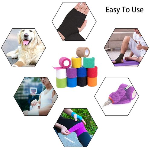 Arcimatto Tattoo Machine Tape, 12 Pcs Self-Adhesive Bandage 2" x 5 Yards Tattoo Grip Wrap Cover Breathable Cohesive Elastic Bandage Rolls for Tattoo Machine Tube Accessories, Sports Tape (12Pcs Mixed)