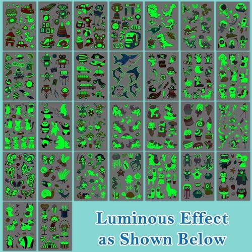Partywind 380 Styles (30 Sheets) Luminous Tattoos for Kids, Mixed Styles Temporary Tattoos Stickers with Mermaid/Dinosaur/Space/Pirate for Boys and Girls, Glow Party Supplies