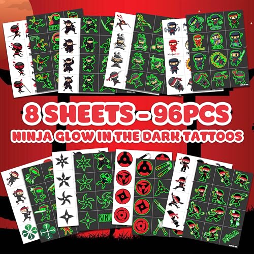 96 PCS Ninja Pre-Cut Luminous Temporary Tattoos for Kids Birthday Themed Party Supplies Decorations Favors 8 Sheets Decor Super Cute Cartoon Stickers Tattoo School Rewards & Gifts for Boys & Girls