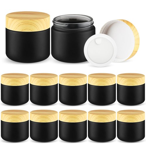 DMuuuDM 12 Pcs 2 Oz Frosted Glass Jar,Empty Refillable Glass Cosmetic Container Jars Holder with Inner liner,Plastic Lid for moisturizer,Foundation,Body Butter Oil,Ointment,Spices (Black)