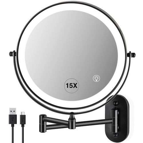 VORREMIRR Wall Mounted Makeup Mirror: 1x/15x Magnifying Mirror with 8.5" Double Sided, Vanity Makeup Mirror for Bathroom, Brush Black