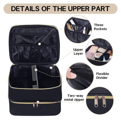 TANPADUAJI Double Layer Makeup Bag Portable Large Cosmetic Case Organizer with Adjustable Dividers Storage Travel Bag for Accessories Brushes Conditioner and Skin Care Products (Black)