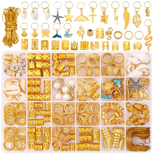 255 PCS Gold Hair Jewelry for Braids, 38 Styles Loc Hair Charms for Women Men, Metal Hair Cuffs Rings Clips for Dreadlock Accessories Hair Braids Jewelry Decorations(Gold)
