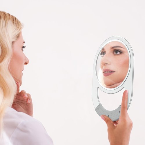 TASALON Unbreakable Hand Mirror, Hand Mirrors with Handle, Salon Barber for Hair, Anti-Slip Hand Held with Rubber Grip for Travel, Makeup, Shaving, Shower, Camping - Silver