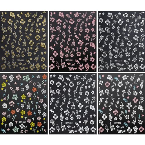 Flower Nail Stickers, Hibiscus Nail Decals 3D Self-Adhesive White Pink Gold Flower Pattern Summer Hibiscus Nail Design Manicure Tropical Accessories for Women Girls(6Sheets)