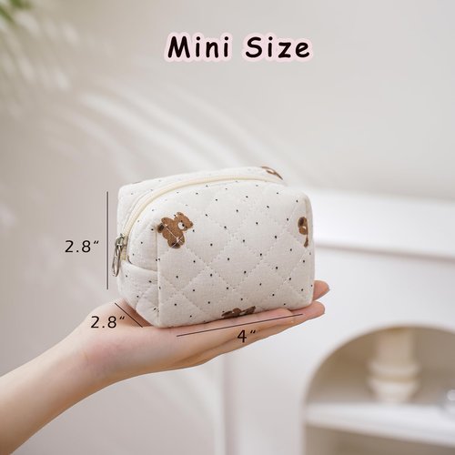 Cute Cotton Mini Cosmetic Bags for Purse,Featherweight Small Quilted Makeup Bag with Zipper, Lipstick Pouch Organizer for Women Girls(02Small Bear)
