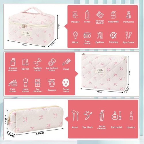 MZLUWM 3Pcs Makeup Bag Cute Cosmetic Bags for Women, Large Capacity Travel Quilted Makeup Bag Set,Cotton Floral Makeup Pouch, Coquette Puffy Toiletry Bag,Attractive Quilted Pouch (Pink bow)