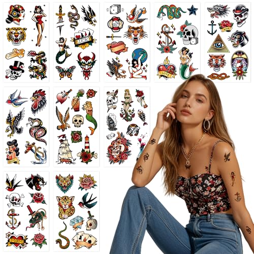 76 Pcs Retro Temporary Tattoos Classic Old School Colorful Tattoos Stickers Flowers Snake Adult Men Women Body Art