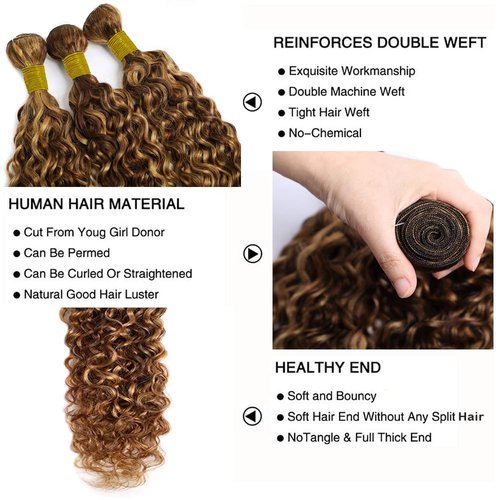 Ombre Curly Bundles Human Hair 4/27 Human Hair Bundles Highlight Honey Brown Bundle 14 14 14 Inch Salon Quality Double Weft Brazilian Virgin Remy Hair Extensions Deals
