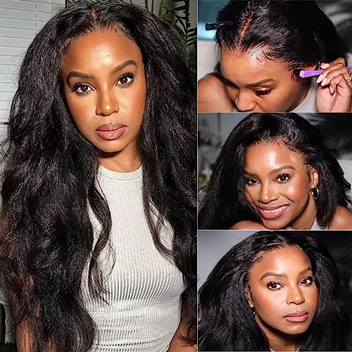 Kinky Straight Wig 24 Inch 180% Density Yaki Straight Human Hair Wig With Pre-Plucked Hairline & Adjustable Straps,Natural Black 13x4 Lace Front Wigs Human Hair For Black Women