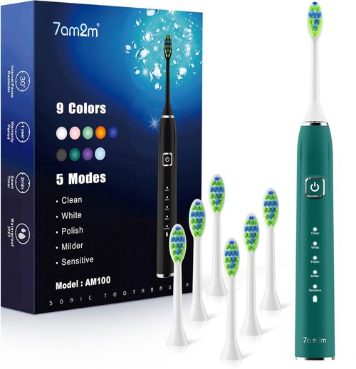 7AM2M Ultrasonic Electric Toothbrush with 6 Brush Heads for Adults&Kids, One Charge for 120 Days, Type-C Charge, 5 Modes, 40000VPM Powered Toothbrush, 2 Minutes Built in Smart Timer (Peacock Green)