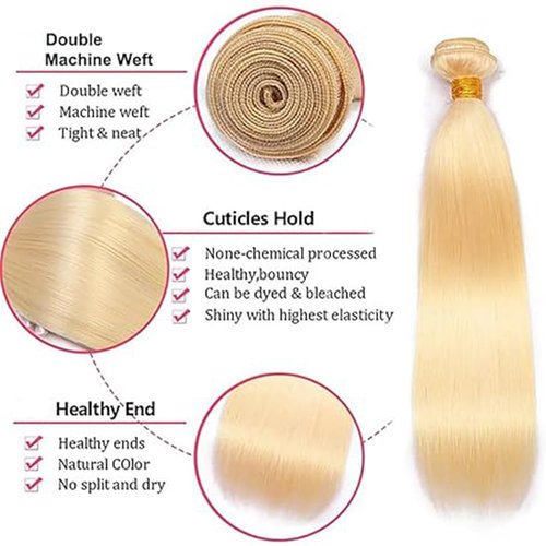 613 Bundle Human Hair Bundles Blonde 16 18 20 Inch Blonde 613 Color Straight Bundles Human Hair Blonde Bundle Unprocessed Brazilian Virgin Quick Weave Hair for Black Women