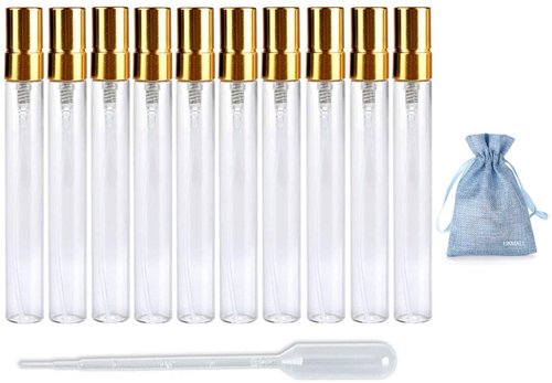 JJKMALL- 10pcs Slim Fine Mist 10ml 1/3oz Gold Atomizer Clear Glass Bottle Vial Spray Refillable Liquid Fragrance Perfume Empty Scent Bottle Free 3ML Free Pipette for Travel Makeup Party