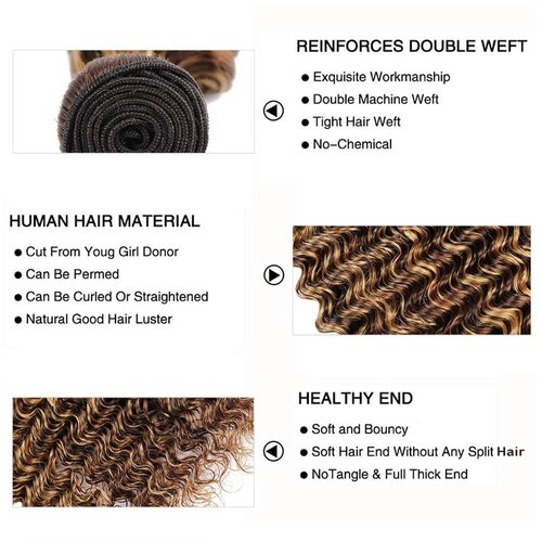 4/27 Bundles Human Hair Ombre Deep Wave Bundles Unprocessed Brazilian Remy Hair Extensions 14 14 14 Inch Highlight Honey Brown Bundle Ultra Soft No Tangle For Women Deals