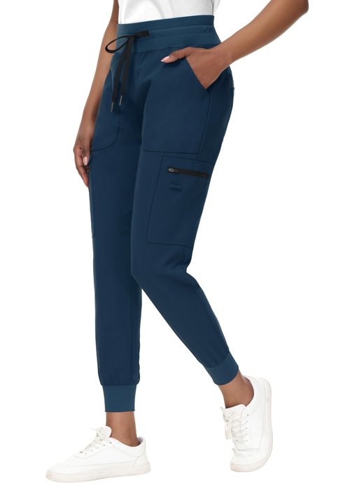 MIVEI High Waisted Jogger Style Scrub Pants for Women - 8 Pockets Medical Bottoms Tapered Yoga Waistband Ribbed Ankle Petite Navy