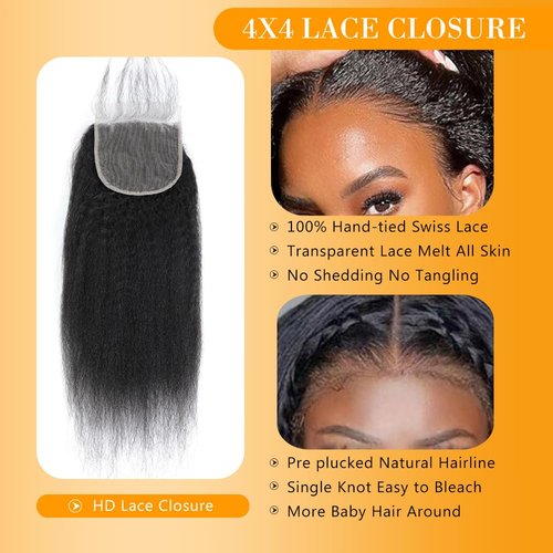 QTHAIR 16A Kinky Straight Lace Closure (14inch) 4x4 Free Part 150% Density Top Swiss Lace Natural Straight Human Hair Closure with Baby Hair