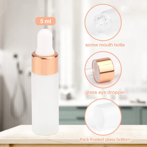 30 Pack Frosted Glass Dropper Bottles, Essential Oil Travel Vials - Cosmetic Sample Containers With Glass Eye Dropper & Rose Gold Lids (5ml)