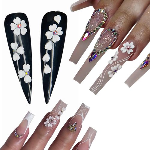 Set White Heart 3D Flowers for Nails, Handmade 3D Acrylic Flowers for Nails, Small Flower Nail Charms Rhinestones Gems by Acrylic Powder Design Deco Nail Art Women Girls (White Heart)